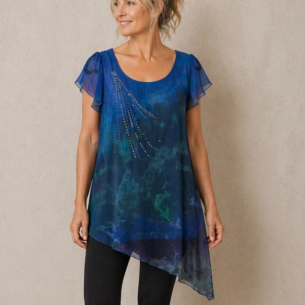 Live Let Live Tunic L Blue Chiffon Rhinestone Flutter Sleeve Asymmetrical Top